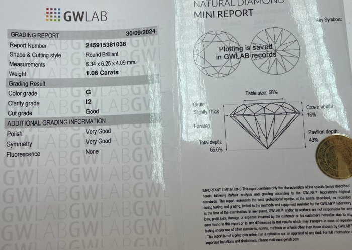 Ingen mindstepris - 1 pcs Diamant  (Natur)  - 1.06 ct - Rund - G - I2 - Gemewizard Gemological Laboratory (GWLab)