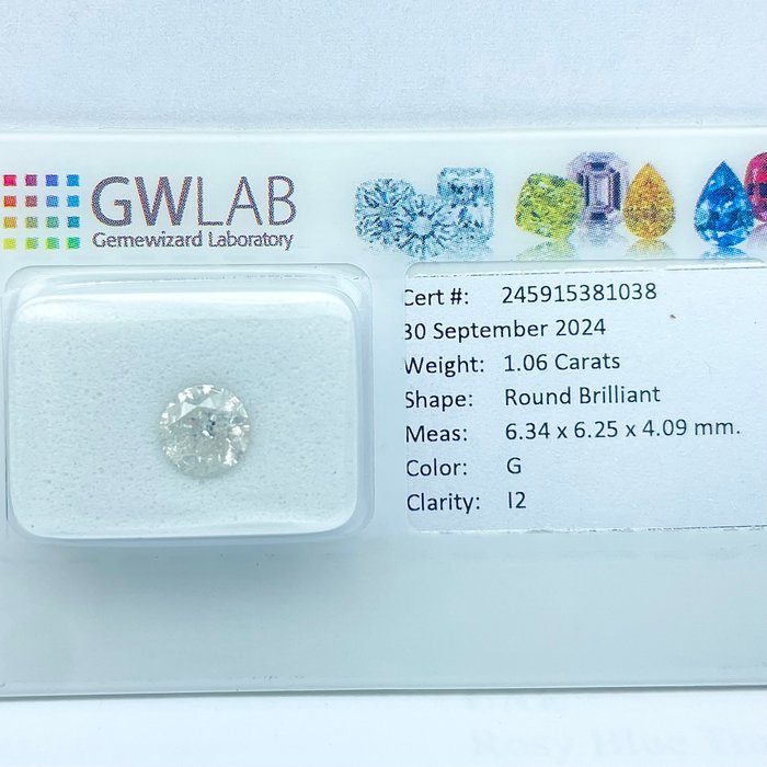 Ingen mindstepris - 1 pcs Diamant  (Natur)  - 1.06 ct - Rund - G - I2 - Gemewizard Gemological Laboratory (GWLab)