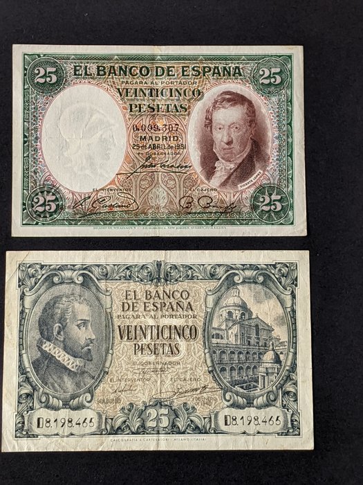 Spanien. - 6 x 25 pesetas - various dates - EDIFIL: 325a - 353 - 358 - 436a - 450a - 467a  (Ingen mindstepris)