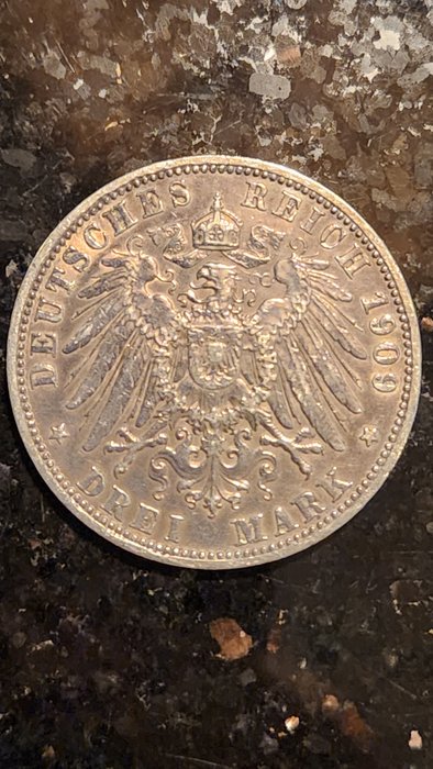 Tyskland, Preussen. Wilhelm II. (1891-1918). 3 Deutsche Silver Mark 1909-A  (Ingen mindstepris)