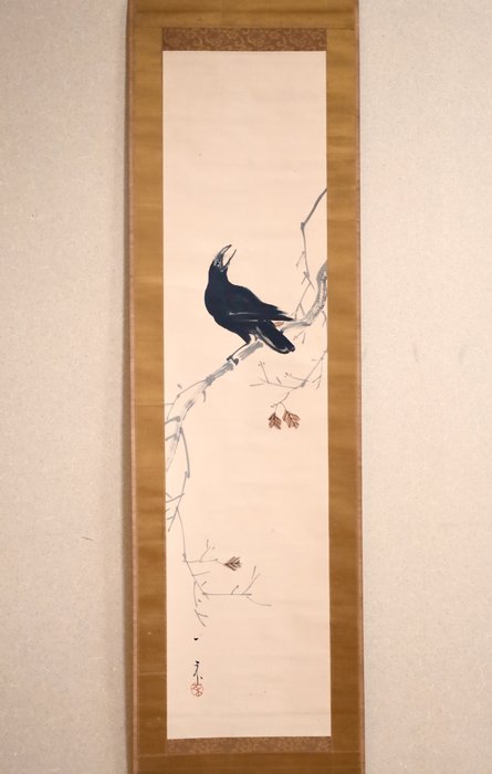 Bird perched on a dead tree - Crow - Hanging Scroll - “Nagai Ikka 長井一禾（1869-1940）” - Japan  (Ingen mindstepris)