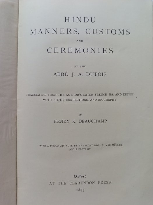 Abbe' Jean Antoine Dubois - Hindu manners customs and ceremonies - 1897