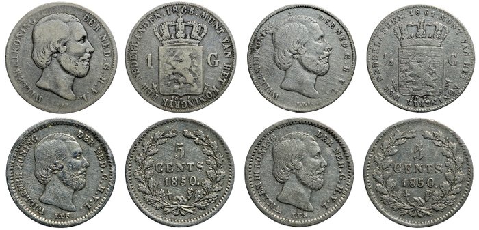 Holland. Willem III. 5 Cents, 1/2 and 1 Gulden 1865 KM# 93, 1861 KM# 92, 1850 KM#91 (all Sword)  (Ingen mindstepris)