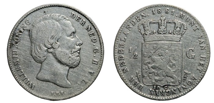 Holland. Willem III. 5 Cents, 1/2 and 1 Gulden 1865 KM# 93, 1861 KM# 92, 1850 KM#91 (all Sword)  (Ingen mindstepris)