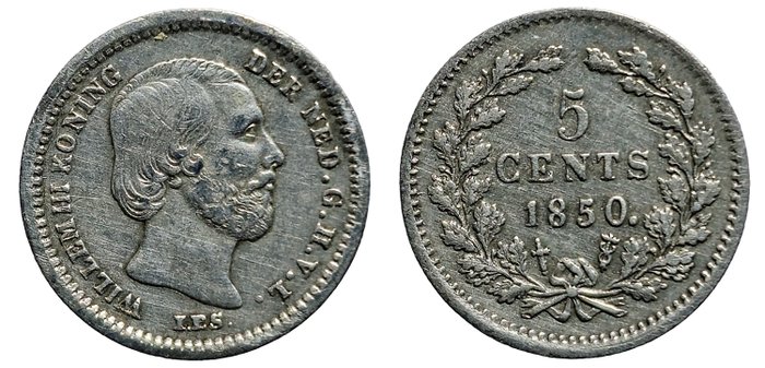 Holland. Willem III. 5 Cents, 1/2 and 1 Gulden 1865 KM# 93, 1861 KM# 92, 1850 KM#91 (all Sword)  (Ingen mindstepris)