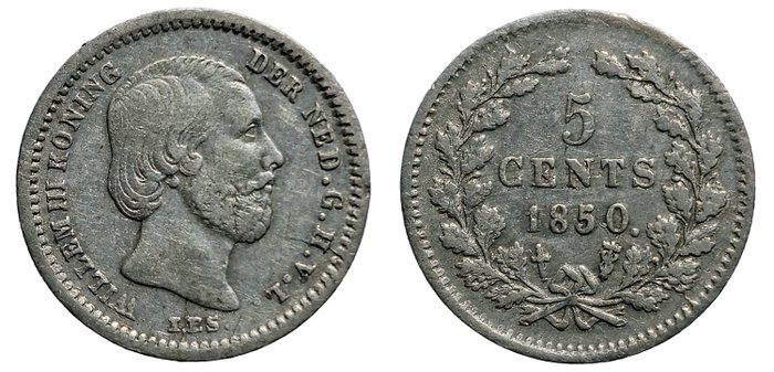 Holland. Willem III. 5 Cents, 1/2 and 1 Gulden 1865 KM# 93, 1861 KM# 92, 1850 KM#91 (all Sword)  (Ingen mindstepris)