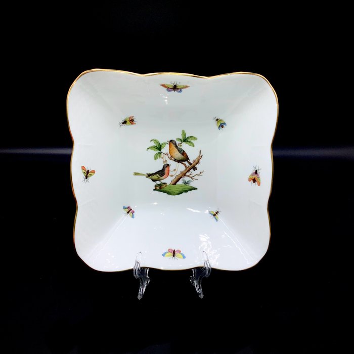 Herend - Exquisite Large Square Bowl (19,5 cm) - "Rothschild Bird" Pattern - Skål - Håndmalet porcelæn