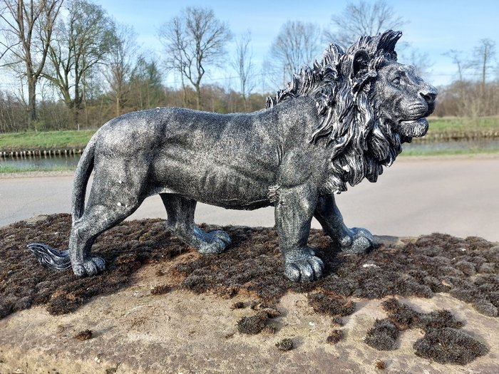 Statue, Beeld, 60 cm long statue of silver bronze  lion - 32 cm - polyresin