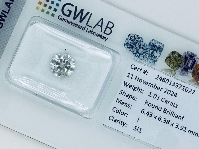 Ingen mindstepris - 1 pcs Diamant  (Natur)  - 1.01 ct - Rund - I - SI1 - Gemewizard Gemological Laboratory (GWLab)