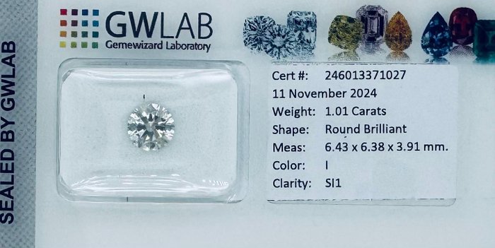 Ingen mindstepris - 1 pcs Diamant  (Natur)  - 1.01 ct - Rund - I - SI1 - Gemewizard Gemological Laboratory (GWLab)