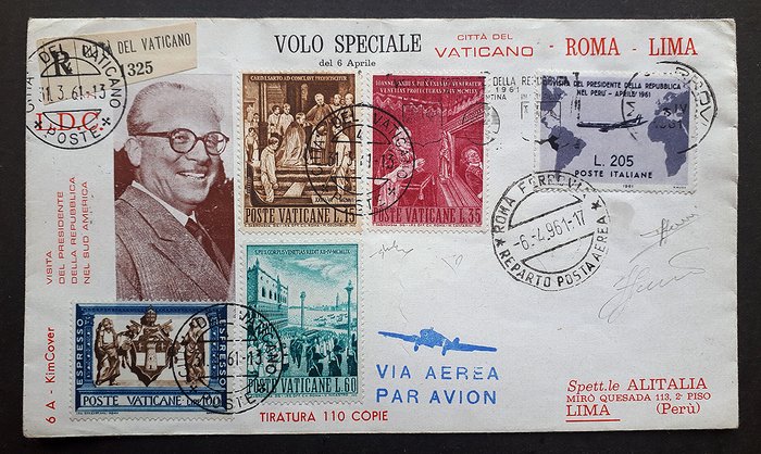 Italien 1961 - Gronchi Rosa Covered rejste til Lima med anbefalet post "Vatikanstaten"