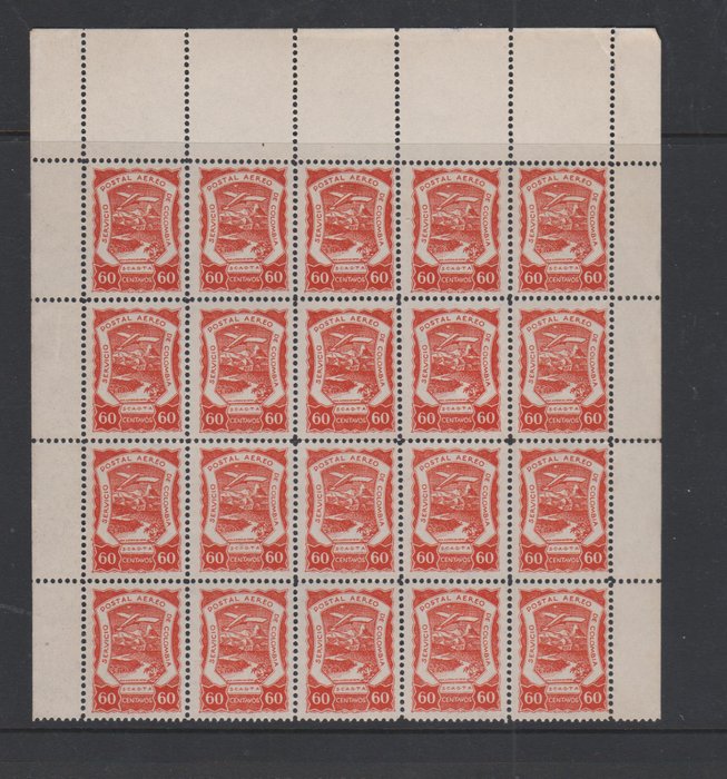 Colombia 1921 - S.C.A.D.T.A. Luftpost 60c. Blok på 20 MNH**.Kat €2.000 - Scott C31 - Michel 16