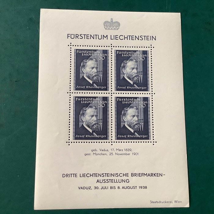 Liechtenstein 1938/1939 - Josef Rheinberger i blok og lille ark - Michel KB 172 en blok 3