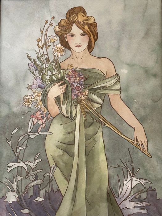 N. Leloupe (XX), after Alphonse Mucha - Art Nouveau dame met bloemen