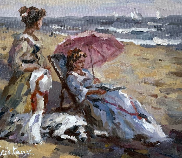 Francis Cristaux (1950) - Jeunes Filles au bord de Mer - Lecture sur la Plage