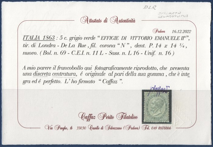 Italien Kongerige 1863 - 5 øre. grågrøn udgave De La Rue London MNH** - Sassone L16