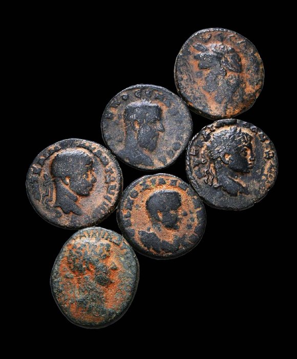 Romerriget (Provinsielt). Lot of 6 coins from Seleucis and Pieria incl.: Vespasian, Macrinus, Diadumenian, Elagabalus, Severus Alexander, Hadrian  (Ingen mindstepris)