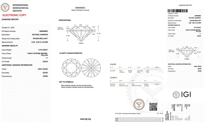 Ingen mindstepris - 1 pcs Diamant  (Naturfarvet)  - 0.70 ct - Rund - Fancy intense Brun Gul - I1 - International Gemological Institute (IGI)