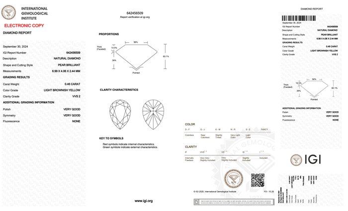 Ingen mindstepris - 1 pcs Diamant  (Naturfarvet)  - 0.46 ct - Pære - Light Brunlig Gul - VVS2 - International Gemological Institute (IGI)