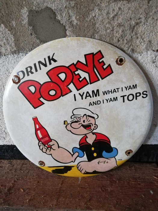 Emaljeplade - Emalje, Reklameskilt Popeye drink industriel vintage USA