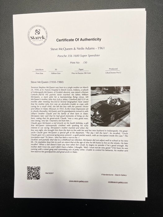 Steve McQueen  Neile Adams - 1961 - Porsche 356 1600 Super Speedster - Fine Art Photography - Luxury Wooden Framed 50X50 cm - Limited Edition Nr 04 of 30 - Serial ID 30337 - Original Certificate (COA), Hologram Logo Editor and QR Code - 100% New items.