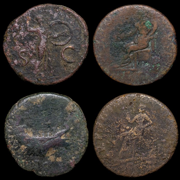 Romarriket Lote de 4 monedas Æ incl: Ases de Claudio y Adriano (Galera) y Dupondios de Vespasiano y Trajano  (Ingen mindstepris)