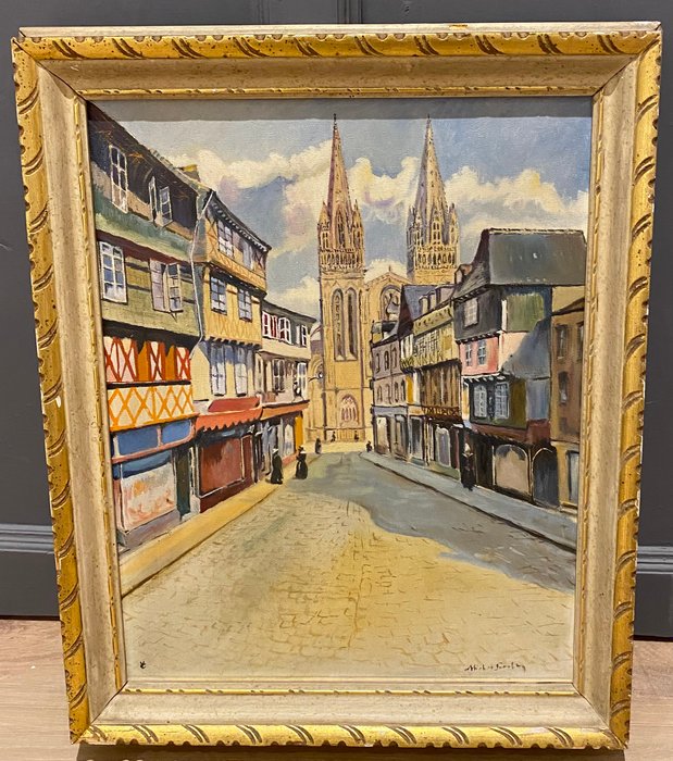 Fransk skole (XX) - Vista de la calle Kéréon y de la catedral de Quimper