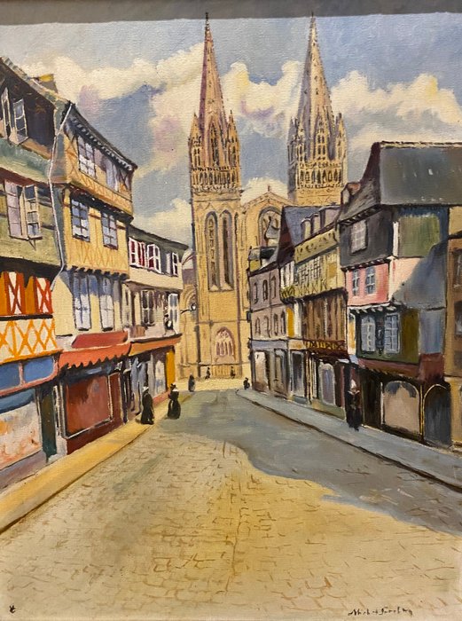 Fransk skole (XX) - Vista de la calle Kéréon y de la catedral de Quimper