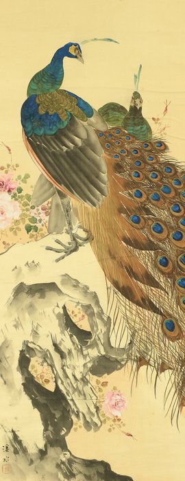 Two Peafowls on Rock and Rose with Box - Ito Keisui 伊藤渓水 (1879-1967) - Japan  (Ingen mindstepris)