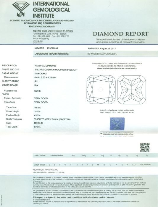 1 pcs Diamant  (Natur)  - 1.49 ct - Kvadrat - SI1 - International Gemological Institute (IGI) - U - V