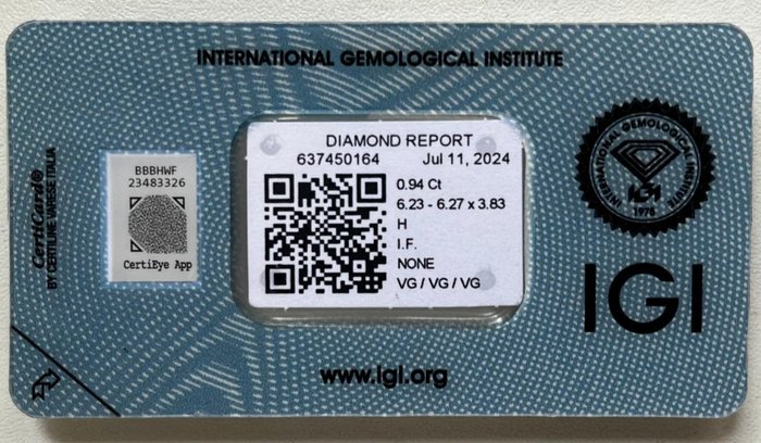 1 pcs Diamant  (Natur)  - 0.94 ct - Rund - H - IF - Istituto Gemmologico Italiano (IGI)