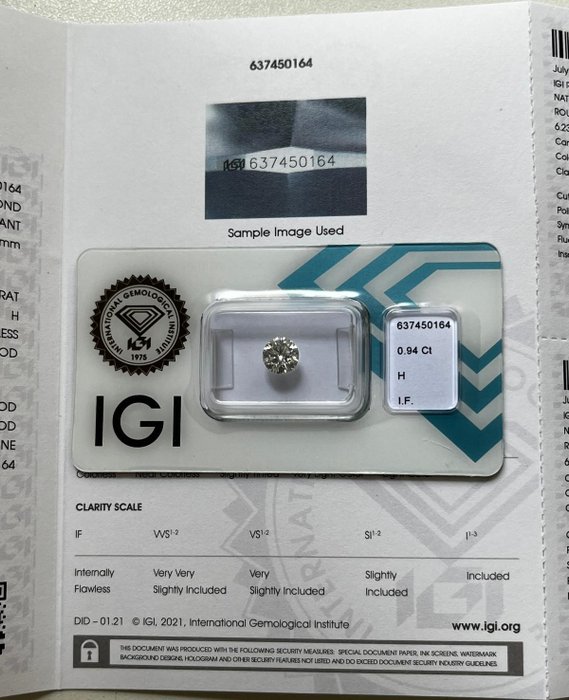 1 pcs Diamant  (Natur)  - 0.94 ct - Rund - H - IF - Istituto Gemmologico Italiano (IGI)