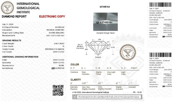 1 pcs Diamant  (Natur)  - 0.94 ct - Rund - H - IF - Istituto Gemmologico Italiano (IGI)