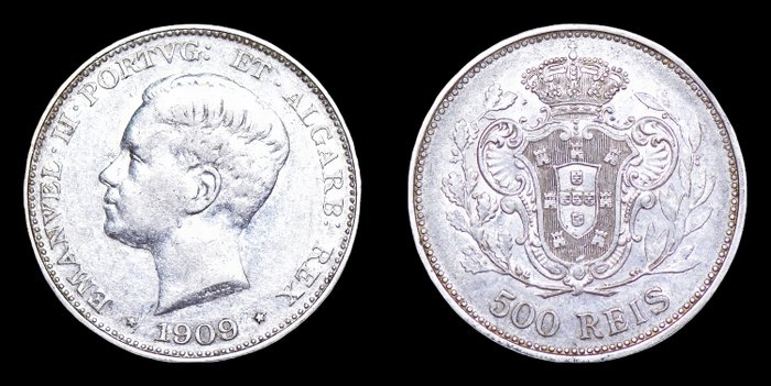 Portugal. D. Manuel II (1908-1910). 500 Reis 1909 - Data Emendada (9 sobre 8)  (Ingen mindstepris)