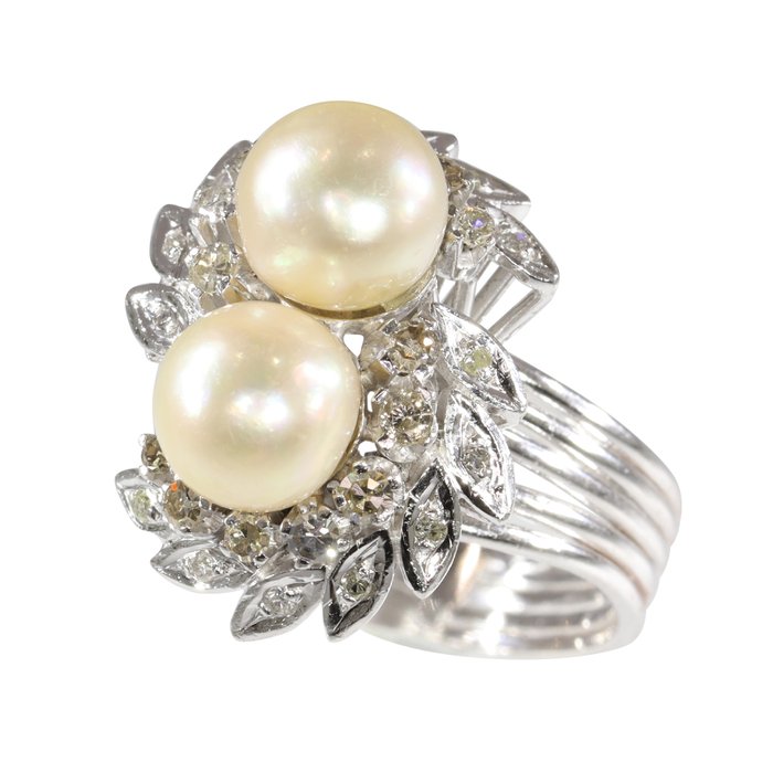 Ingen mindstepris - Ring - 18 kraat Hvidguld - Diamant - Pearl, vintage anno 1970