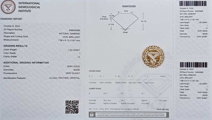 Ingen mindstepris - 1 pcs Diamant  (Natur)  - 1.22 ct - Oval - I - I2 - International Gemological Institute (IGI)