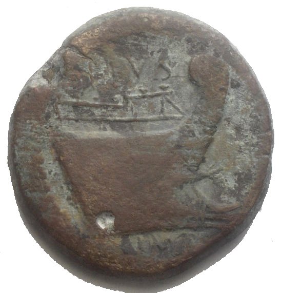 Romerska republiken. Sextus Pompey. Ae. As. Spain or Sicily r/ Prow of galley right; PIVS above; IMP in exerg