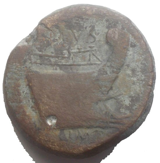 Romerska republiken. Sextus Pompey. Ae. As. Spain or Sicily r/ Prow of galley right; PIVS above; IMP in exerg