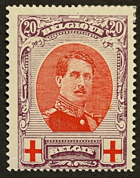 Belgien 1914/1915 - Røde Kors Udgave - Albert I - 20c Violet T 14x12 - Sort "Venstre ben rødt kors = forkortet" - OPBP 134B-V9 Varibel - OBP +1.500 EUR