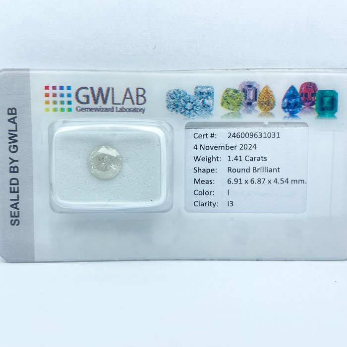 Ingen mindstepris - 1 pcs Diamant  (Natur)  - 1.41 ct - Rund - I - I3 - Gemewizard Gemological Laboratory (GWLab)