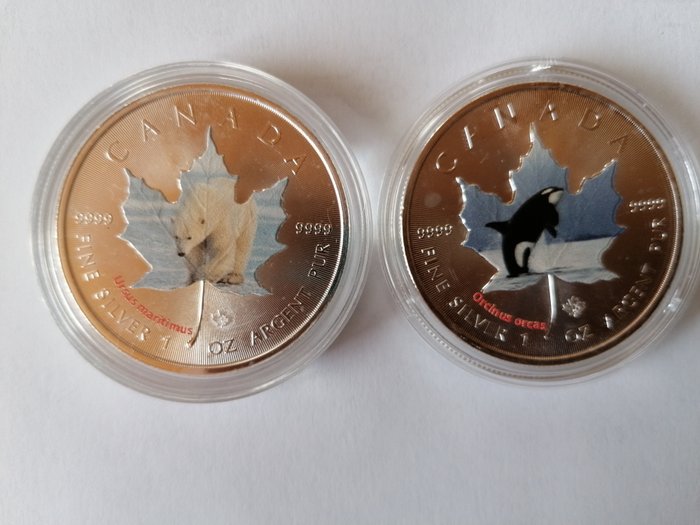 Canada. 5 Dollars 2014 Canadian Wildlife - Maple leaf Series - Polar Bear + Orca, 2x1 Oz (.999)