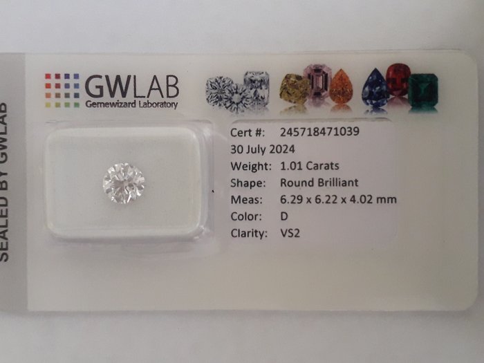 1 pcs Diamant  (Natur)  - 1.01 ct - Rund - D (farveløs) - VS2 - Gemewizard Gemological Laboratory (GWLab)