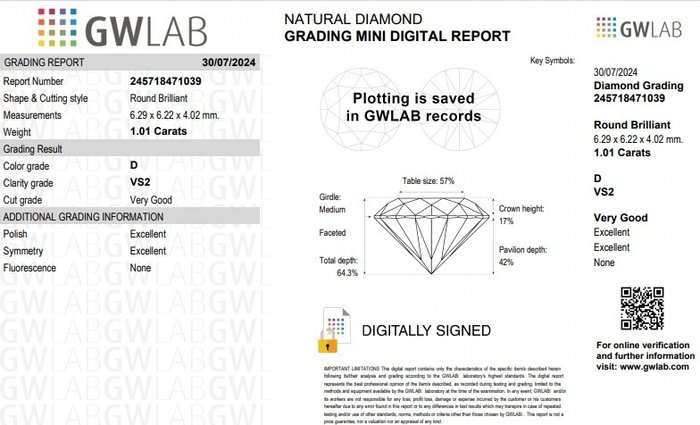 1 pcs Diamant  (Natur)  - 1.01 ct - Rund - D (farveløs) - VS2 - Gemewizard Gemological Laboratory (GWLab)