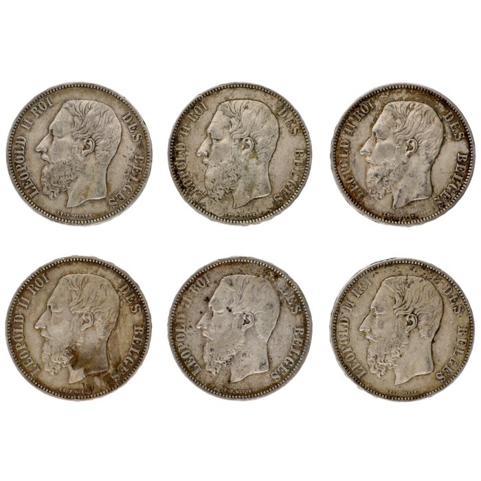 Belgien Leopold II (1865-1909) 5 Francs 1869/1875 (6 stuks)  (Ingen mindstepris)