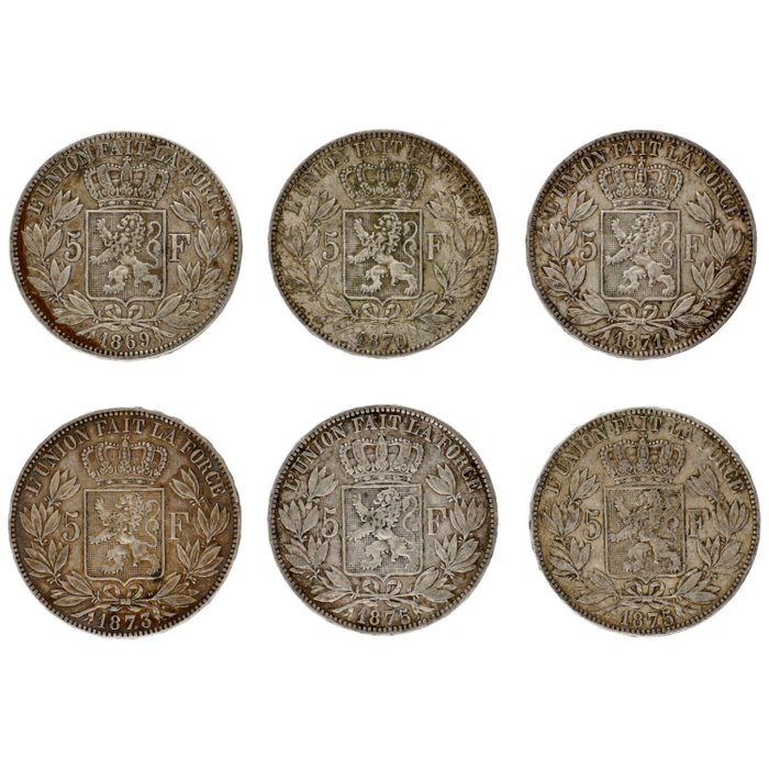 Belgien Leopold II (1865-1909) 5 Francs 1869/1875 (6 stuks)  (Ingen mindstepris)