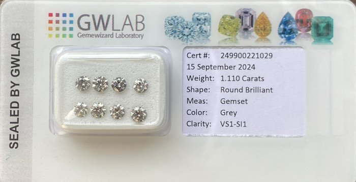 Ingen mindstepris - 8 pcs Diamant  (Natur)  - 1.11 ct - Rund - SI1, VS1 - Gemewizard Gemological Laboratory (GWLab) - Grå