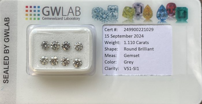 Ingen mindstepris - 8 pcs Diamant  (Natur)  - 1.11 ct - Rund - SI1, VS1 - Gemewizard Gemological Laboratory (GWLab) - Grå