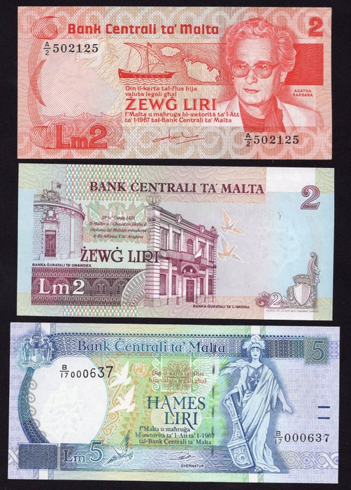 Malta - 2 x 2 and 5 Lira - Various Dates  (Ingen mindstepris)