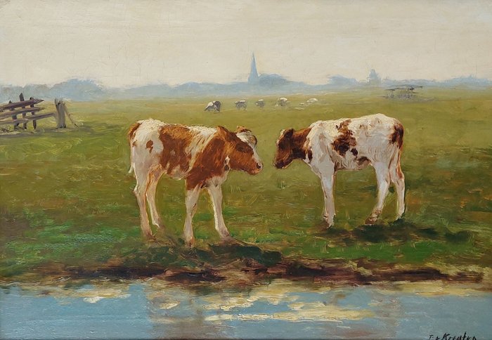 Fedor van Kregten (1871-1937) - Hollands landschap met 2 koeien - 2 Pinken -