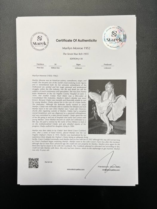 The Seven Year Itch 1955 - Marilyn Monroe 1952 - Fine Art Photography - Luxury Wooden Framed 70X50 cm - Limited Edition Nr 04 of 30 - Serial ID - Original Certificate (COA) Hologram Logo Editor and QR Code - 100% New items